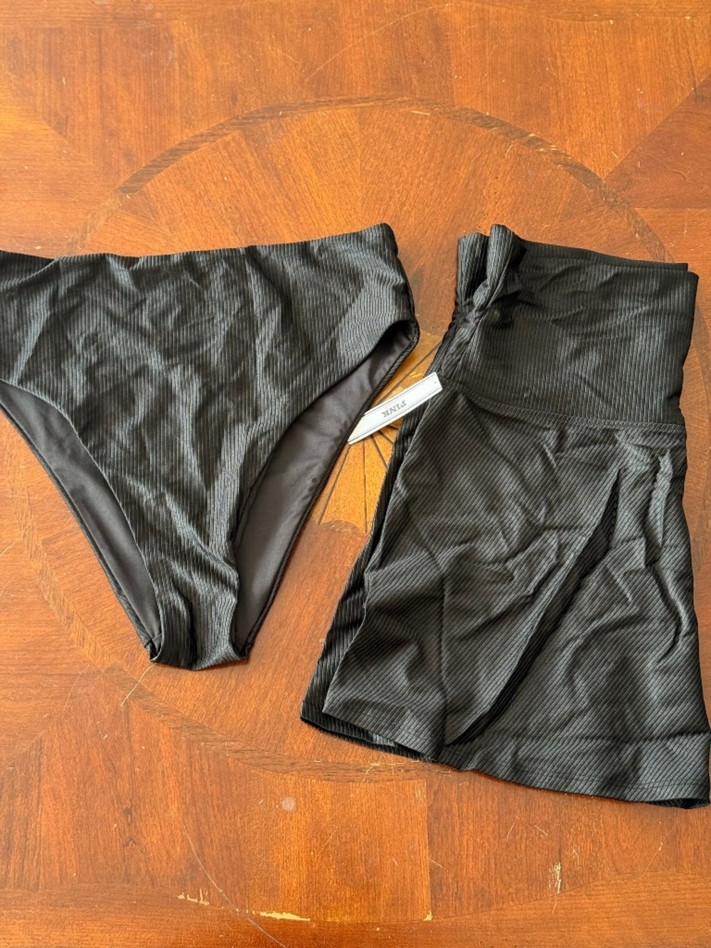 NEW PINK Victoria's Secret Black Satin Ribbed Bikini Bottom & Coverup Skirt, XL